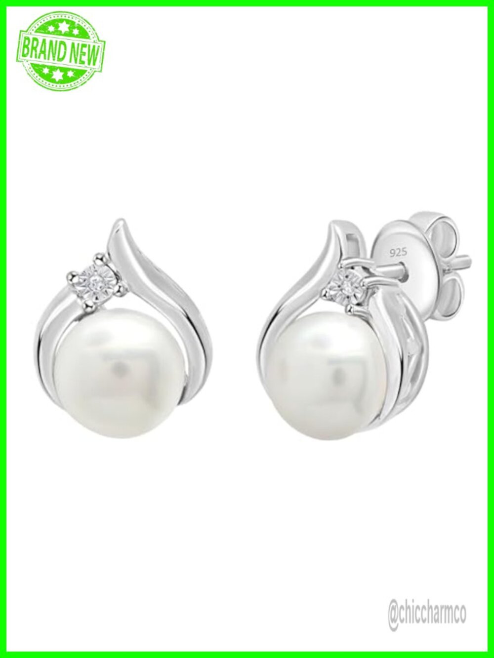 6mm Round Freshwater Pearl Stud Earrings Sterling Silver Diamond Accent